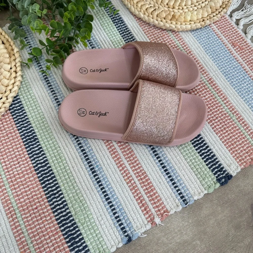 New Cat & Jack Girls Rose Pink Glitter Slide Sandals Size Medium 2/3